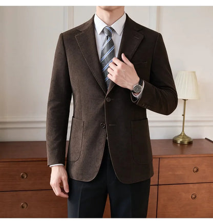 High Quality Autumn Suede Suit Jacket for Men Solid Color Slim Fit Business Social Formal Jackets Leather Wedding Groom Blazers