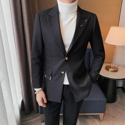 Autumn Pin Decoration Men Blazers Casual Suit Jacket Single Breasted Streetwear Social Business Dress Coat Wedding Groom Jacket