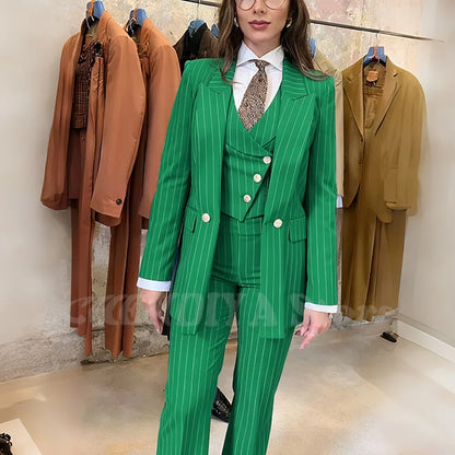 Navy Blue Striped Suit For Women Stylish Single Button Peak Lapel Elegant Outfit Business Meeting Office Formal Set Three Pieces