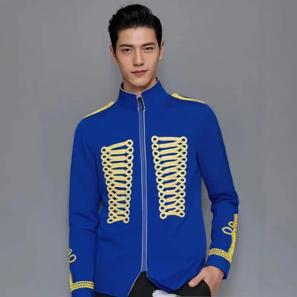 Men's European Style Stand Collar Zipper Blazer Golden Rope Detail Cosplay Middle Ages Tuxedo for Stage Performances And Parties
