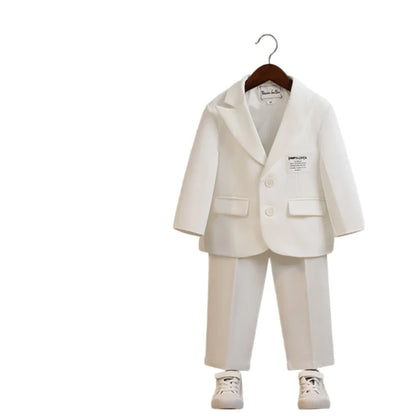 Kids Pure White Casual Suit Set Boys 3Pieces Wedding Dress With Jacket Pants Necklace Flower Kids Piano Performance Costume