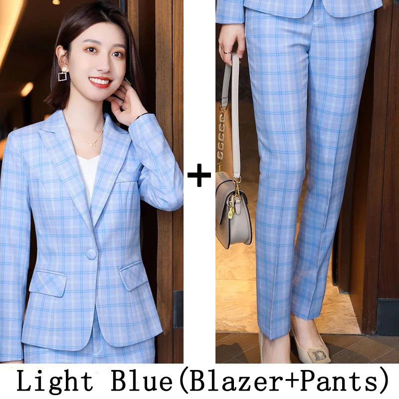Plaid Women Suits Office Sets 2023 Vintage Long Sleeve Single Button Silm Blazers Chic High Waist Casual Pants Suits