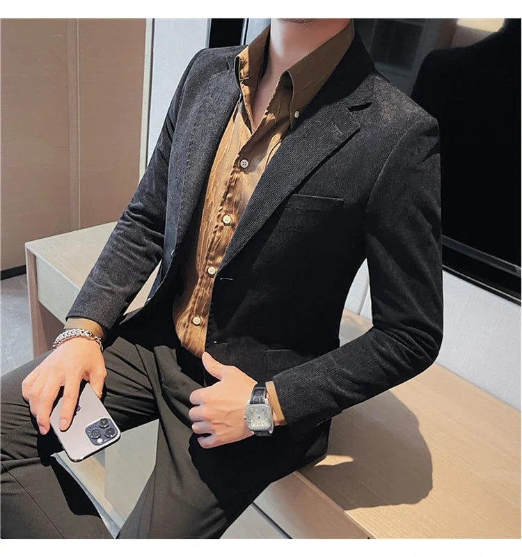 2023 Fashion Men's Corduroy Blazers Top Quality Business Casual Suit Jackets Slim Fit Wedding Groom Streetwear Social Dress Coat