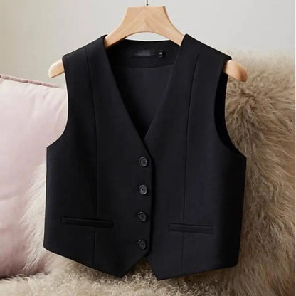 Women Fashion White Black Suit Vest New Short Style Sleeveless Jacket Office Lady V-Neck Casual Lined Blazers Vest Waistcoat