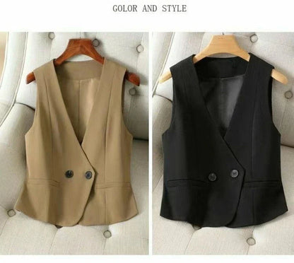 Women's Streetwear Fashion Double Breasted Suit Vest Casual Elegant Short Vest Office Ladies Waistcoat Female Sleeveless Jacket