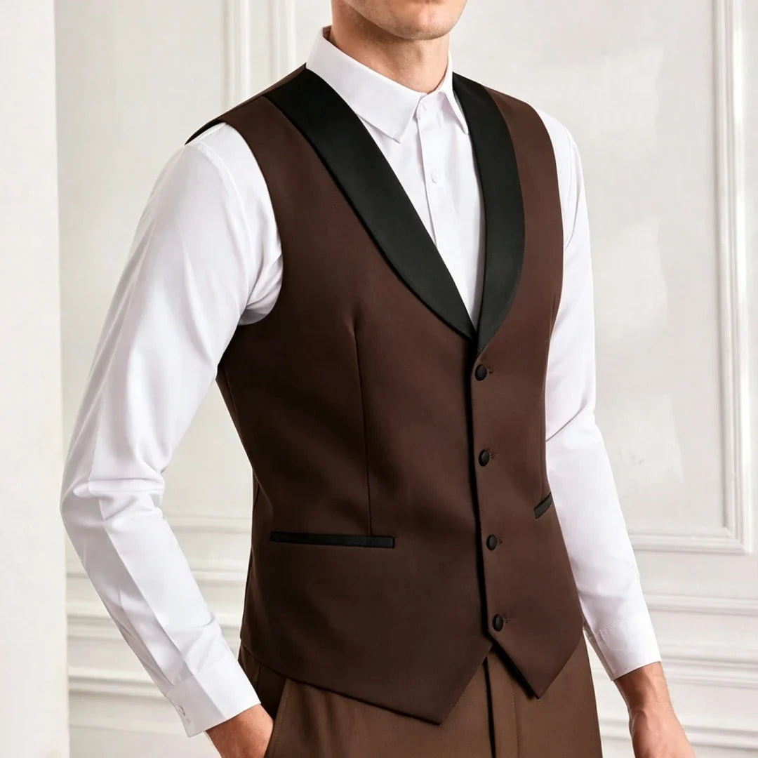 Men's Suit Vest – Single Breasted Brown Waistcoat with Black Lapel for Weddings & Formal Occasions