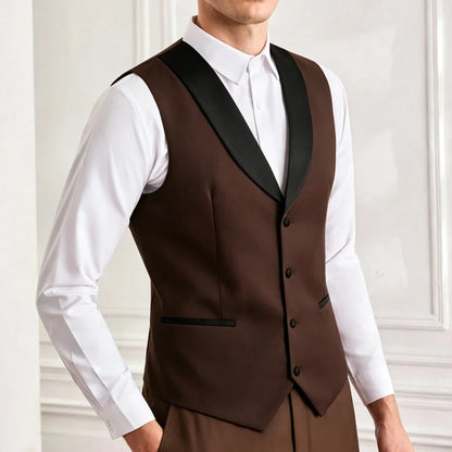 Men's Suit Vest – Single Breasted Brown Waistcoat with Black Lapel for Weddings & Formal Occasions