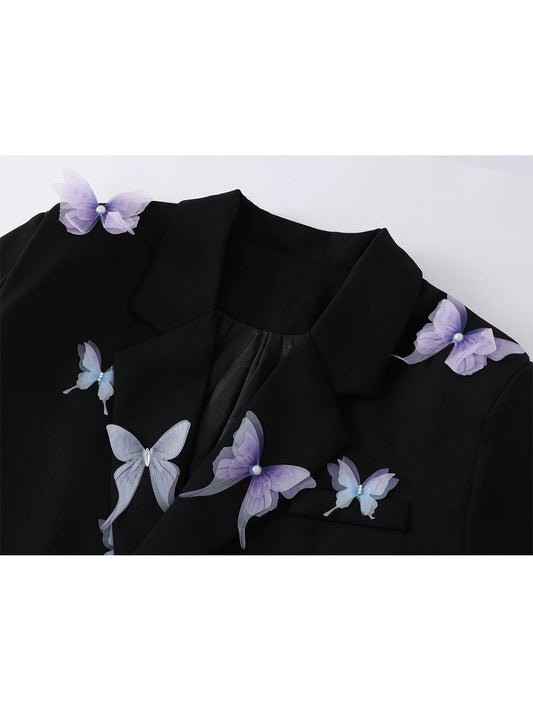Women Black Gothic Butterfly Blazer Jacket Y2k 2000s Vintage Suit Coat Long Sleeve Single Breasted Oversize Outerwear Autum 2025