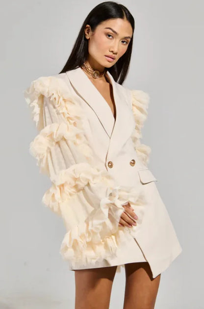 Spring Autumn New Women Blazer Double Breasted Ruffled Long Sleeve Patchwork Slim Fit Elegant Fashion Trendy Jacket HK13405