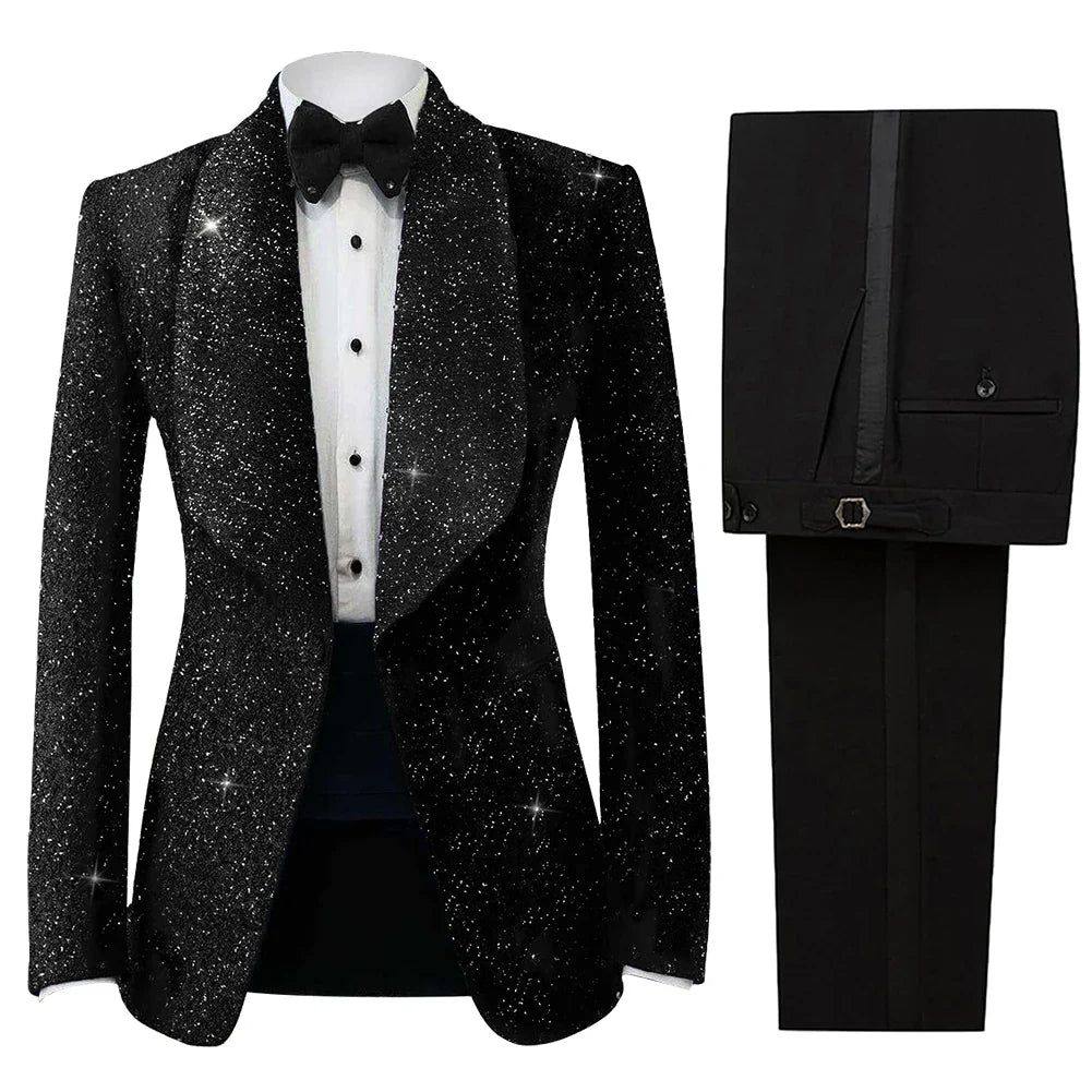 Men's Suit 2 Pieces Velvet Blazer Black Pants One Button Wide Lapel Business Beads Formal Work Wear Wedding Groom Costume Homme