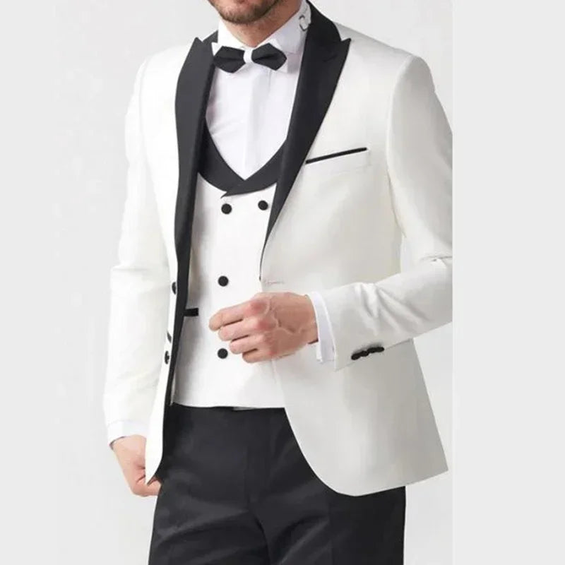 White Jacket Black Pant Elegant Men's Wedding Groom Tuxedo Prom Blazers Hombre High Quality Custom 3 Piece Set Custome Homme