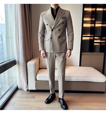 (Blazer + Trousers) Fashion Double Breasted Design Slim Men's Suit Italian Style Luxury Wedding Social Party Tuxedo 2 Piece Set