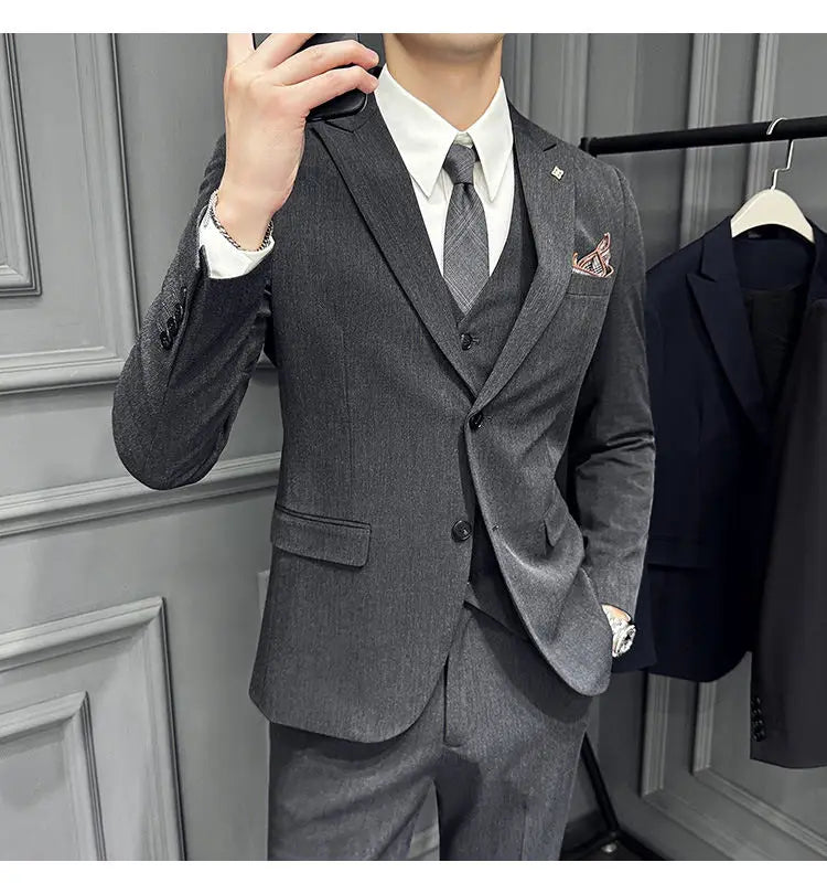 Men's 3 Piece Suit Set Double‑Button Slim Fit Solid Color Business Casual Wedding Party Jacket Vest Pants Formal Outfit for Men
