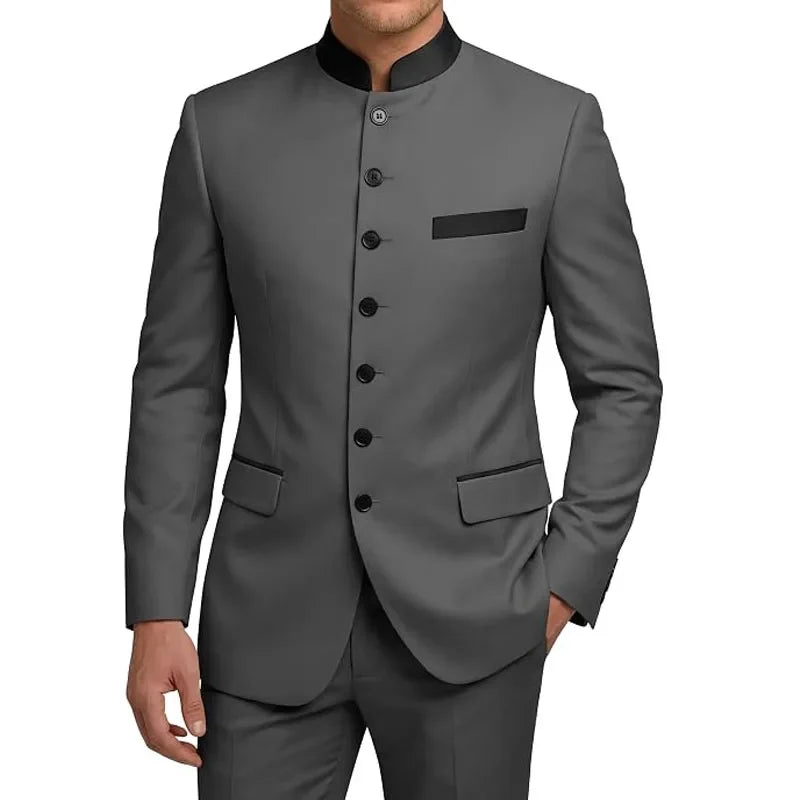 Men's 2-Piece Serge Suit Mandarin Collar Slim Fit Formal Set for Weddings and Business