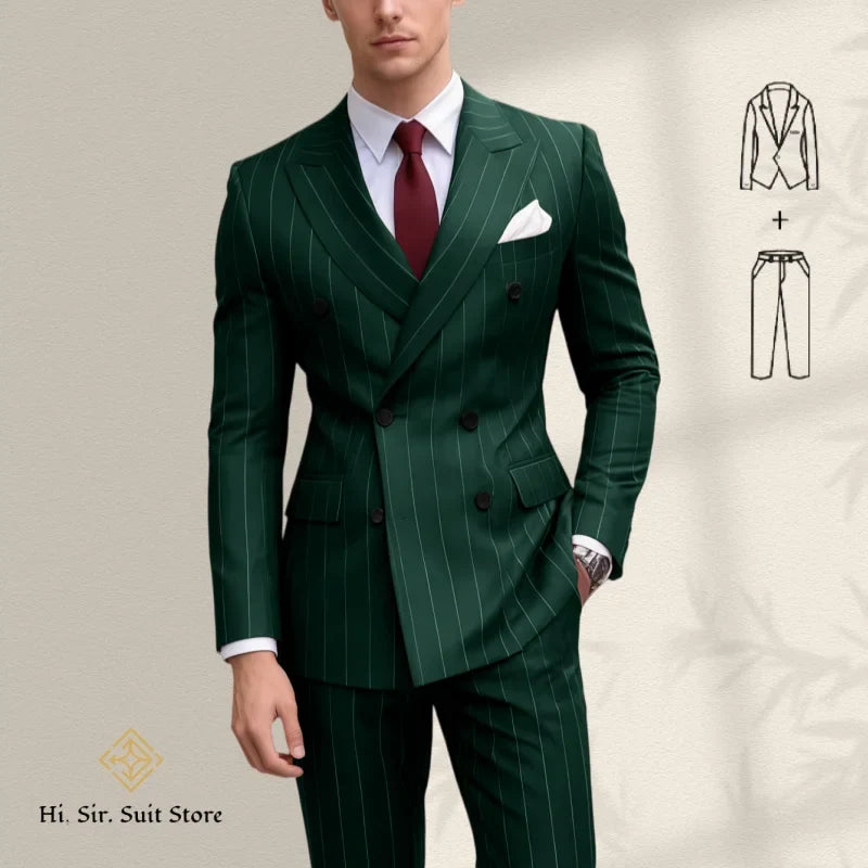 Men's 2-Piece Slim Fit Double-Breasted Striped Suit Set for Men – Wedding, Business & Formal Occasions