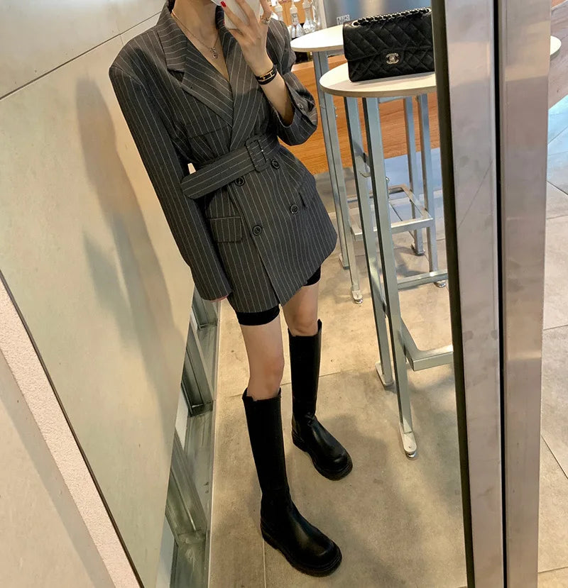 Vintage Vertical Stripes Women's Suit Jacket Loose Fit Double Breasted Autumn Outerwear Fashion Versatile Polyester Cotton Blend