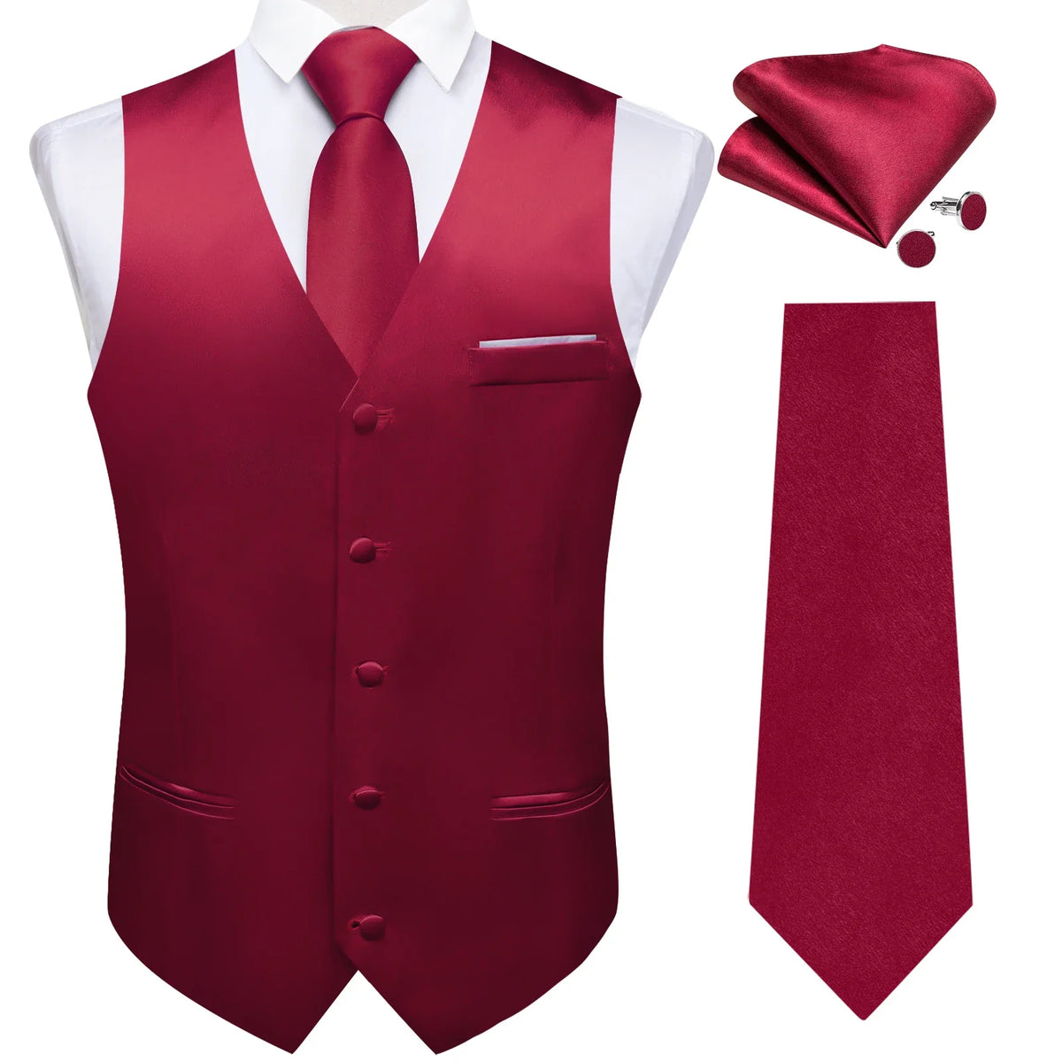 Men's Satin Suit Vest Set with Tie Handkerchief and Cufflinks for Wedding and Prom