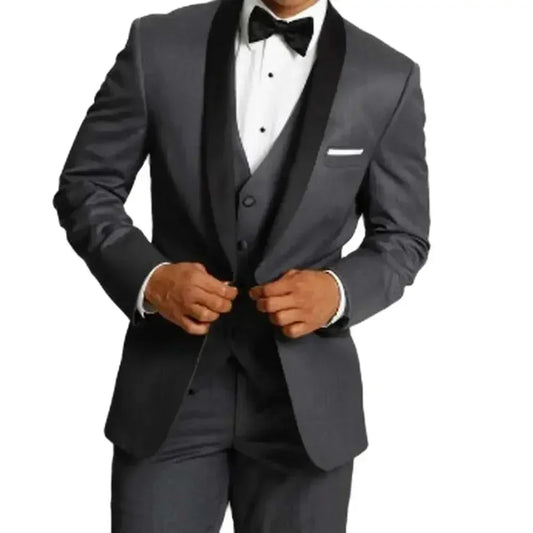 Grey Formal Wedding Elegant Men Suit Groom Tuxedo Prom Slim Fit Blazer Hombre Shawl Lapel High Quality Custom 3 Piece Set