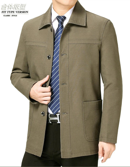 Men's Middle-Aged Cotton Jacket Spring Autumn Lapel Trench Coat Large Size with Buttons Fashionable Classic Outerwear
