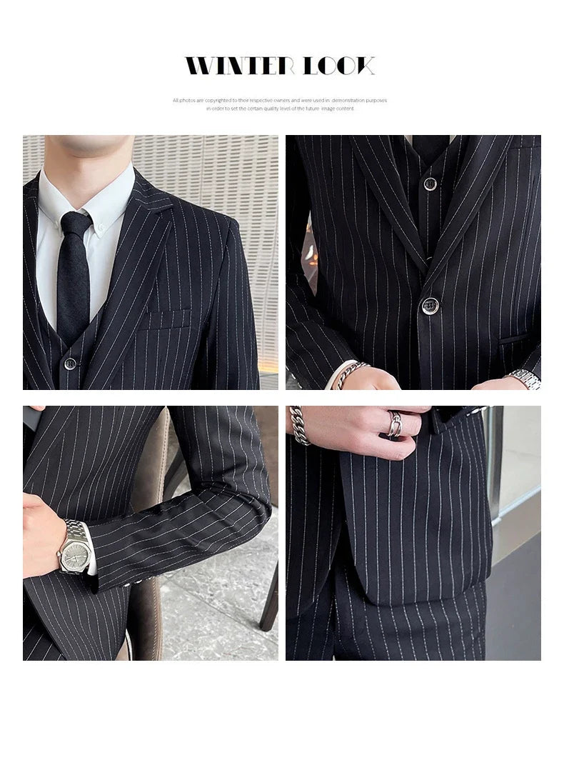 2024 Slim Fit Striped Three-Piece Business Suit Vest Trousers Set Korean Fashion Trend Handsome Wedding Outfit