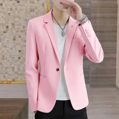 Men's Casual Blazer Korean Style Single Breasted Slim Fit Coat for Spring Autumn