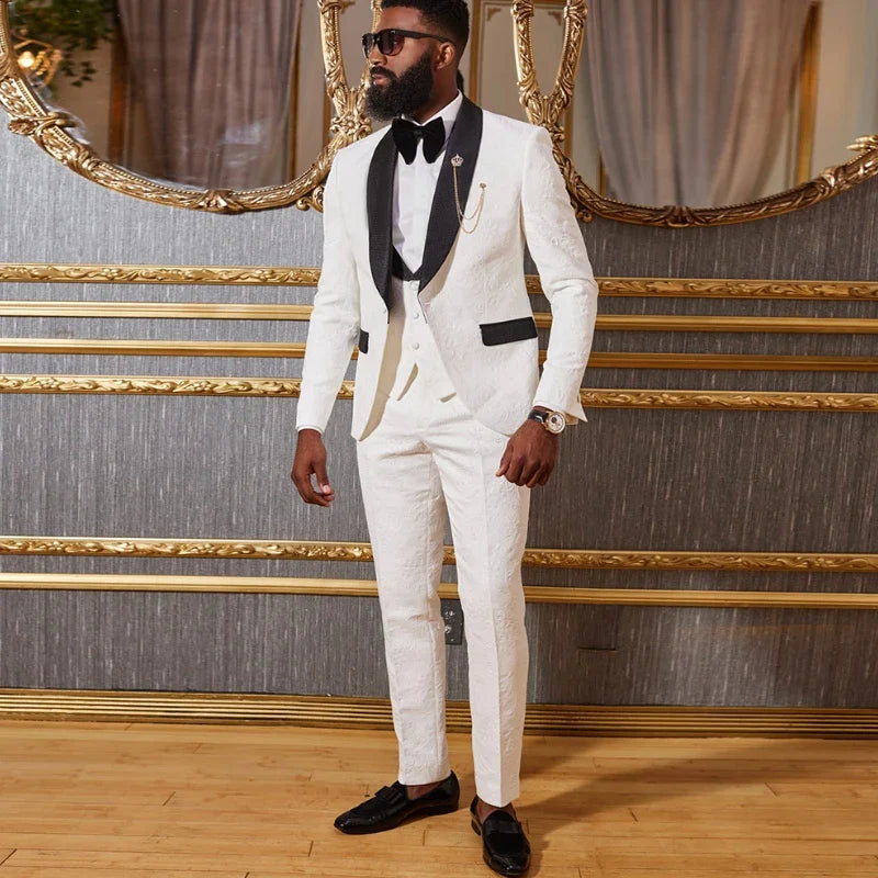 African Wedding Costume for Men Slim Fit 3 Piece Custom Groom Tuxedo Formal Business Male Suit with Jacket Vest Pants