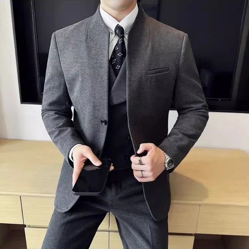 Men's 3-Piece Slim Fit Stand Collar Suit – Wedding, Prom & Office Formal Set