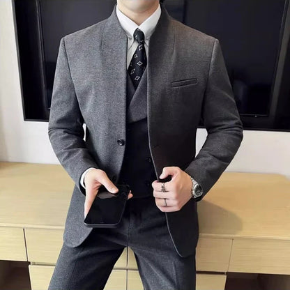 Men's 3-Piece Slim Fit Stand Collar Suit – Wedding, Prom & Office Formal Set