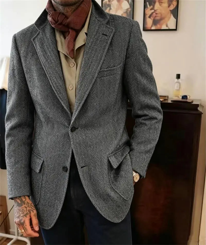 Mens Herringbone Tweed Blazer Vintage Wool Blend Houndstooth Jacket Regular Fit Notch Lapel Business Casual Outerwear Coat