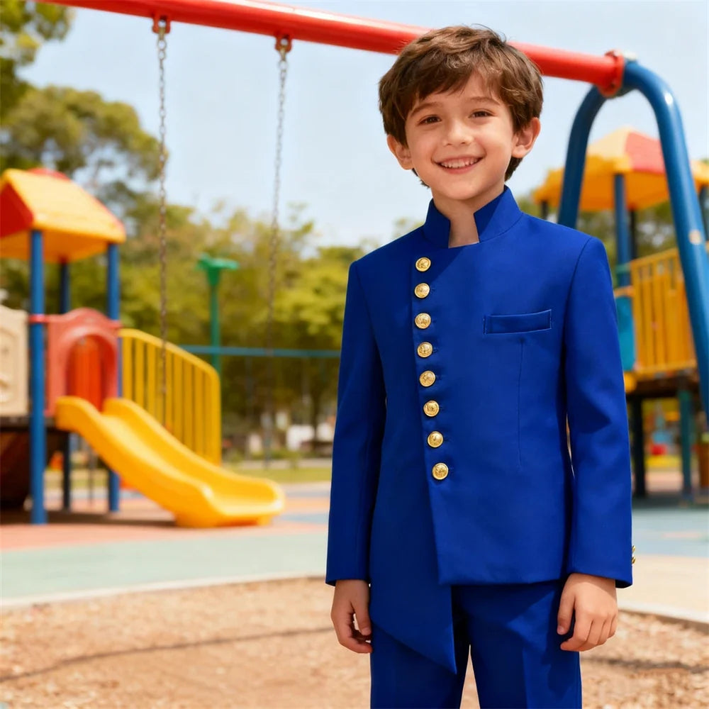 Boys Suit Set with Stand Collar and Golden Buttons for Communion, Birthday & Formal Occasions – Ages 3–14