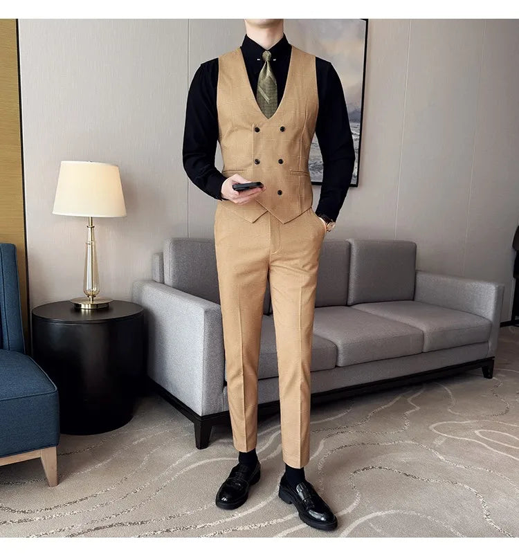 Men's 3-Piece Slim Fit Plaid Suit – Jacket, Vest & Pants for Weddings, Office & Formal Occasions