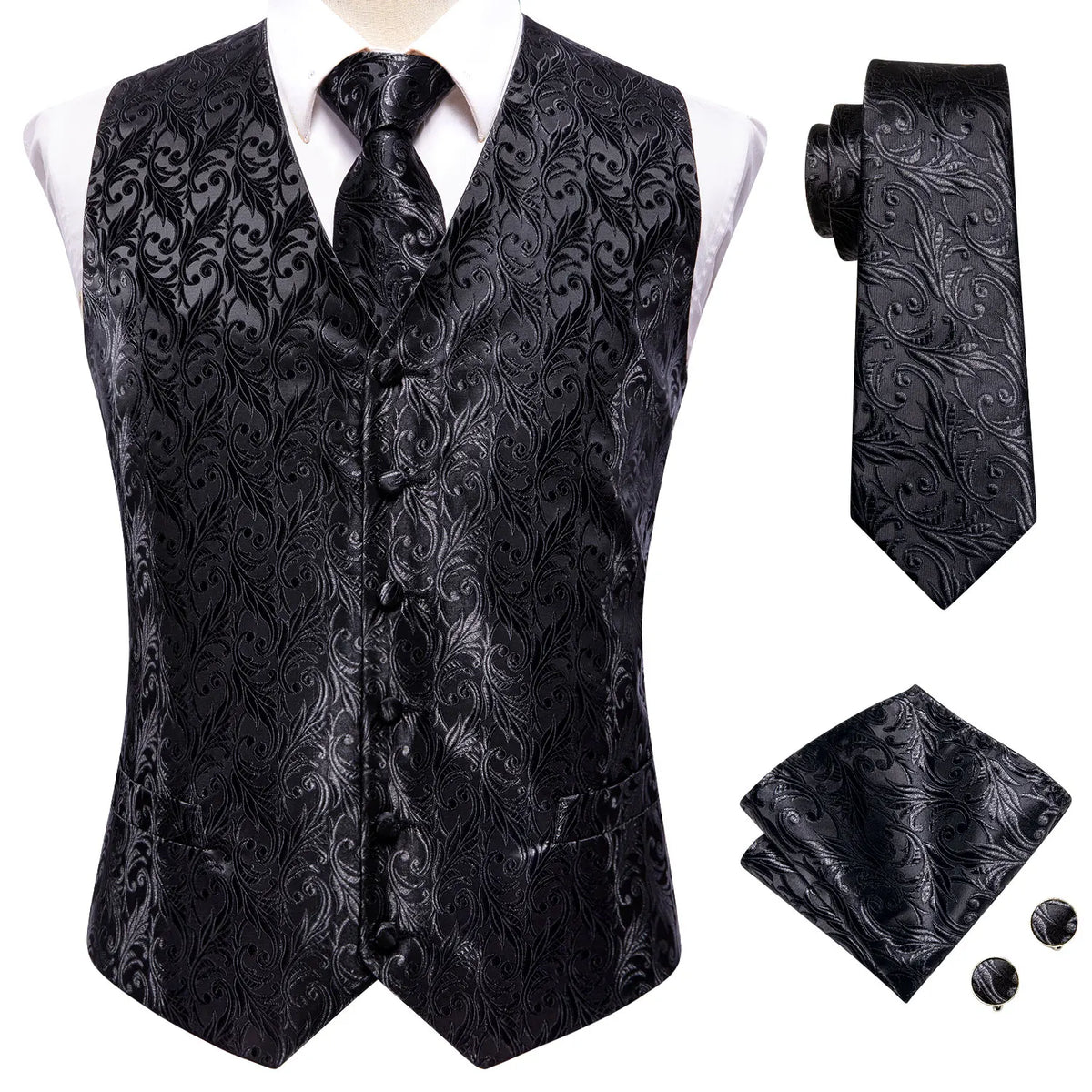 Men's Vest Paisley Jacquard Set with Necktie Pocket Square and Cufflinks for Weddings and Formal Events