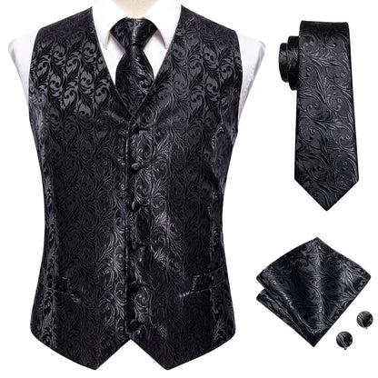 Men's 4-Piece Silk Floral Vest Set – Single Breasted Wedding Waistcoat with Tie, Pocket Square & Cufflinks