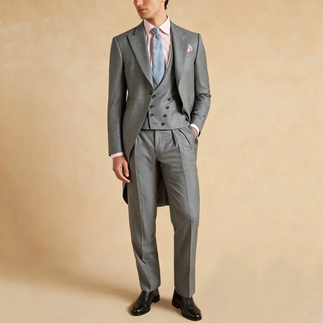 Men Suit Dark Gray 3 Piece Solid With Lapel Tuxedo Set For Wedding Groom Birthday Banquet Party Prom Business Jacket Vest Pants