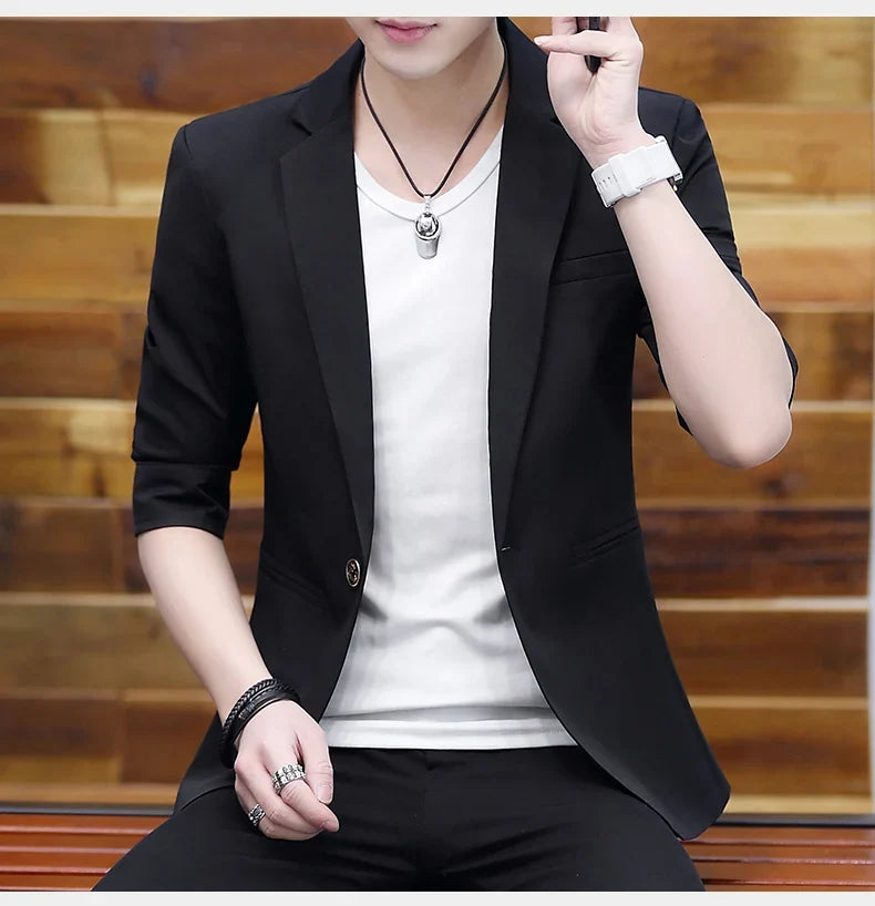 Summer 2025 Men's Mid-Sleeve Slim Fit Suit Korean Style Handsome Youth Seven-Quarter Jacket Small Suit Collection