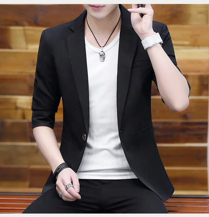 Summer 2025 Men's Mid-Sleeve Slim Fit Suit Korean Style Handsome Youth Seven-Quarter Jacket Small Suit Collection