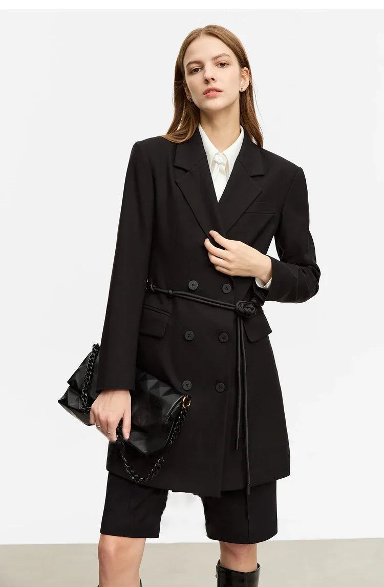 Minimalist Blazer for Woman 2026 Autumn Long Simple Basics Commuter Jacket With Waist Rope Slim Fit Blazers 12343036