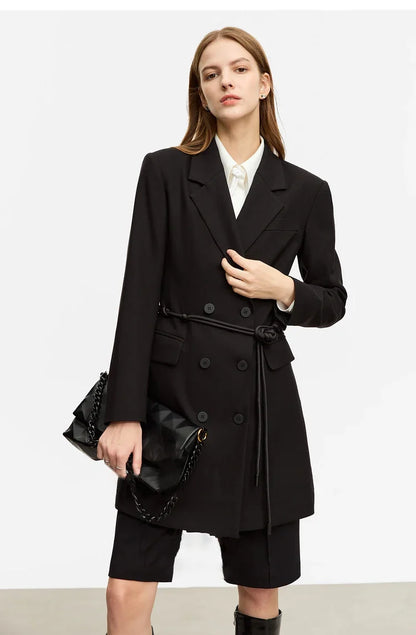 Minimalist Blazer for Woman 2026 Autumn Long Simple Basics Commuter Jacket With Waist Rope Slim Fit Blazers 12343036