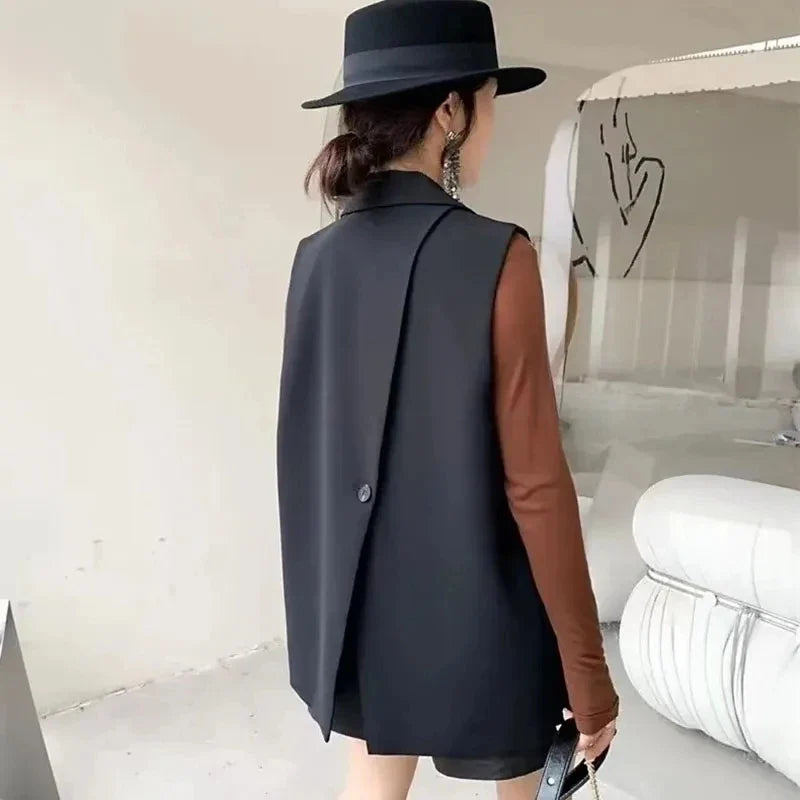 Vintage Sleeveless Suit Vest Fashion Casual Lapel Suit Waistcoat 2025 Summer Women Office Double Breasted Split Back Outwear