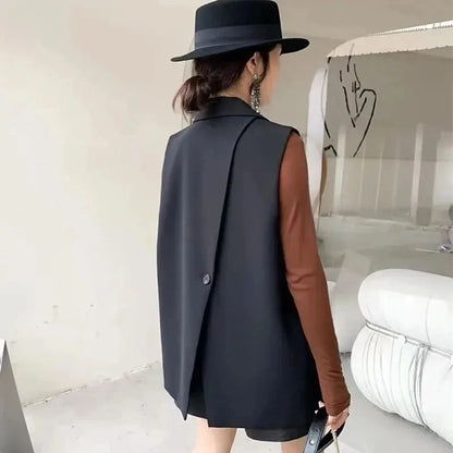 Vintage Sleeveless Suit Vest Fashion Casual Lapel Suit Waistcoat 2025 Summer Women Office Double Breasted Split Back Outwear