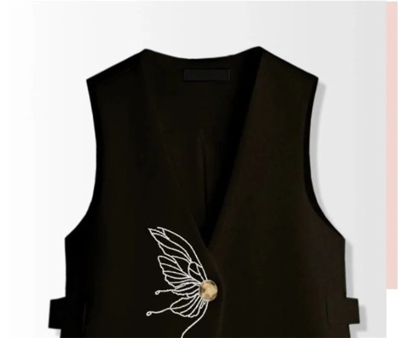 Retro Ladies Solid Color Sleeveless Coat Spring Autumn Women Fashion Embroidered Suit Waistcoat Top Female Irregular Vest Jacket