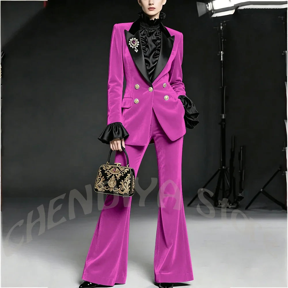 Wine Red Women Suit Stylish Velvet Elegant Outfit Peaked Lapel Blazer Pants Evening Party Prom Female Clothing Two Pieces