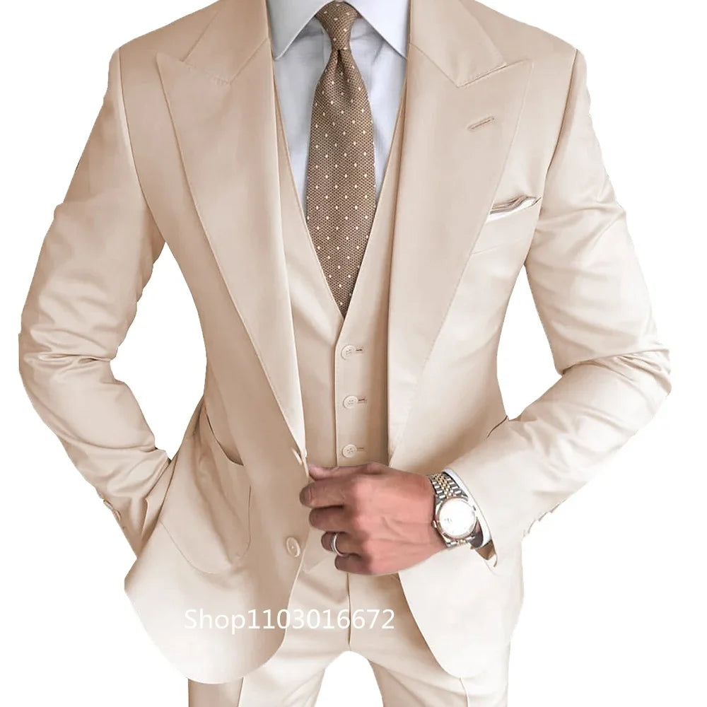 Formal Men's Groom Tuxedos Three-Piece Peak Lapel Suit Solid Jacket Vest Pants Party Prom Daily Casual Tuxedo Business Men Suits