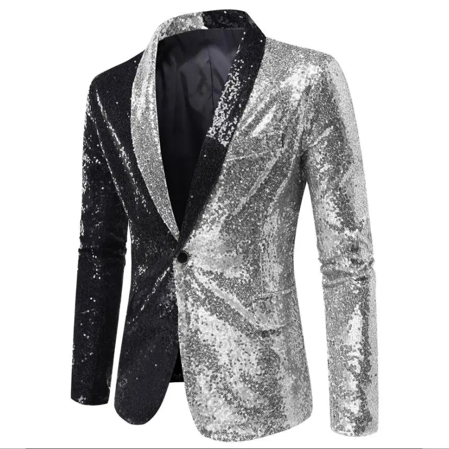 Shiny Gold Sequins Blazer for Men's New Slim Fitting Splicing Men's Suit Night Club Party DJ Stage Singer Dance Show Dress Homme