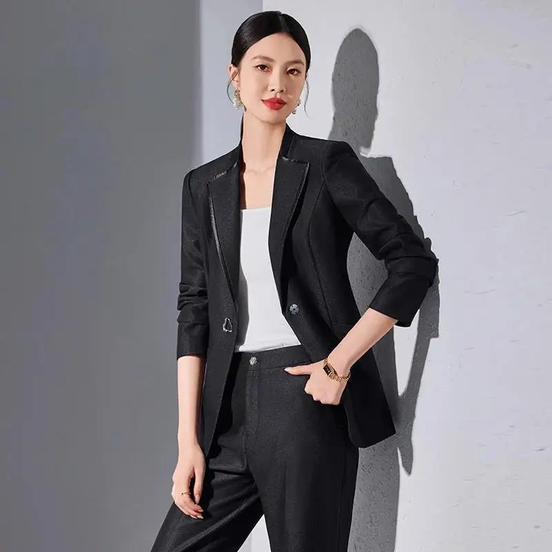 Elegant Single Button Blazer Suit Pant Sets for Women 2 Pieces Business Formal Office Outfit Autumn Plus Size Jacket Trousers