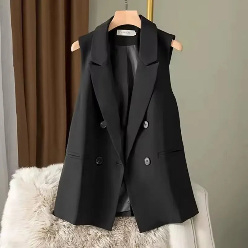 Fashion Suit Vests Women Simple Double Breasted V-neck Sleeveless Jacket 2025 New Korean Slim All-match Waistcoat Daily Outwear