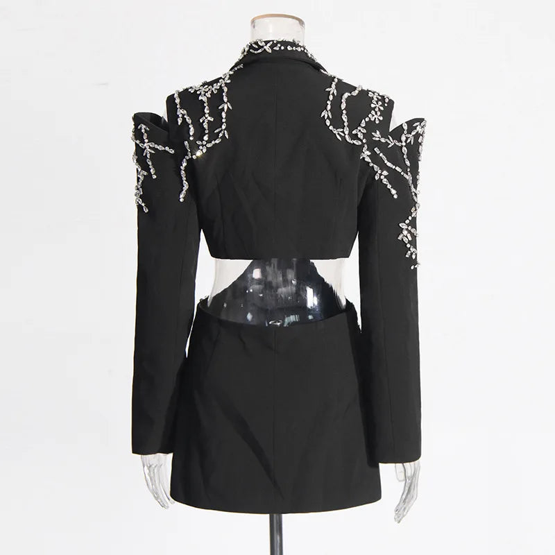 Sexy Stylish Coats 2025 Spring Autumn New Women Diamonds Nail Bead Heavy Waist Exposed High Sense Long Sleeve Blazer HK3760