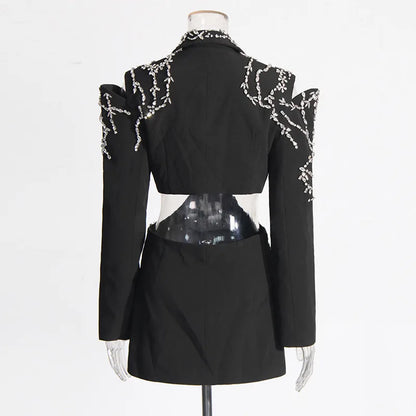 Sexy Stylish Coats 2025 Spring Autumn New Women Diamonds Nail Bead Heavy Waist Exposed High Sense Long Sleeve Blazer HK3760