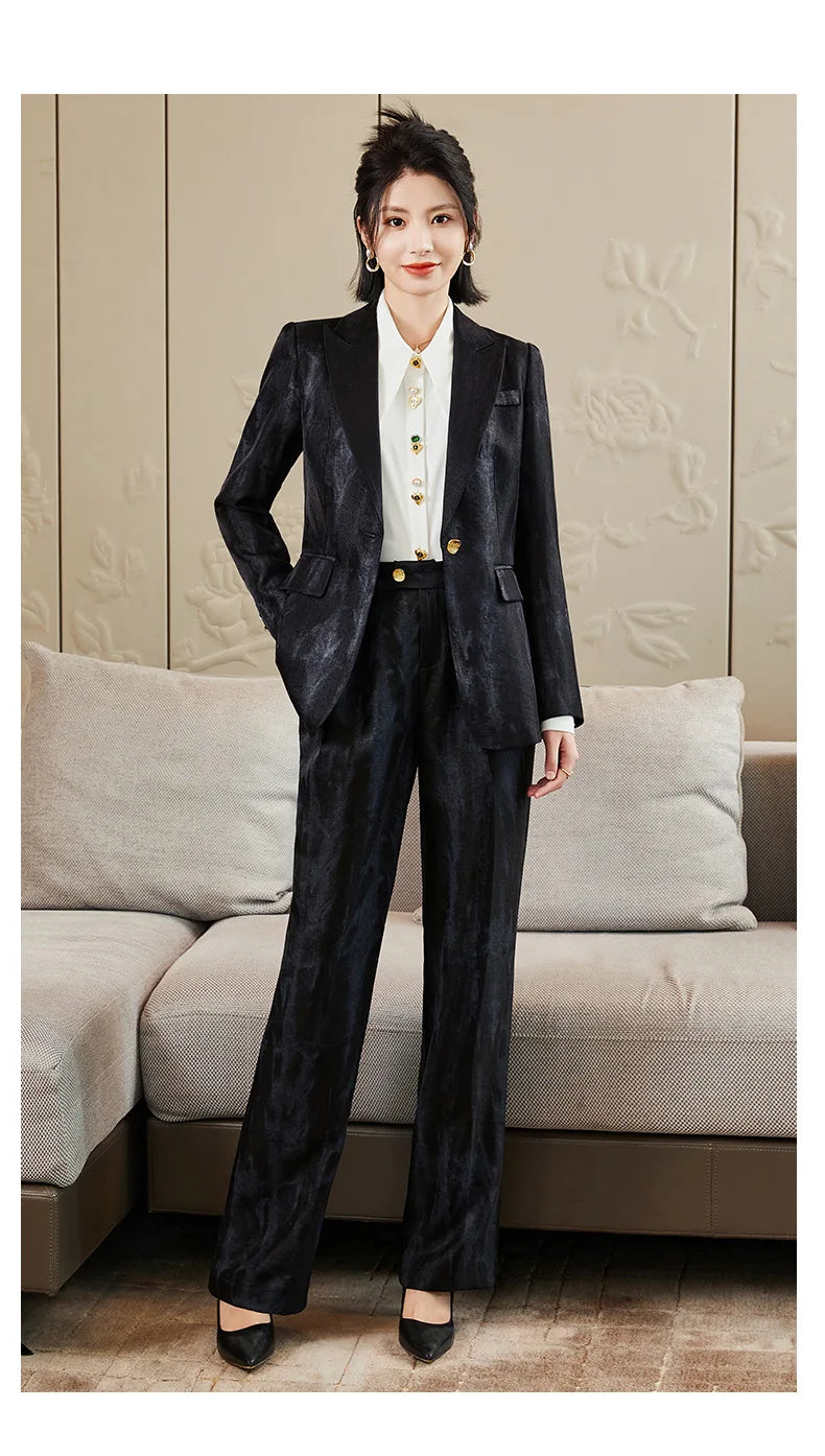Women Golden Black Formal Pant Suit Autumn Female Tie-dye Blazer and Trouser 2 Piece Set For Office Ladies Winter Work Wear