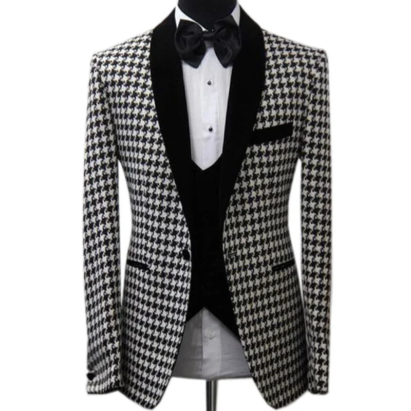 3 Pieces Houndstooth Men Suit Slim Fit Formal Business Casual Suits For Male Wedding Groom Tuxedo Party Suit(Jacket+Pants+Vest )